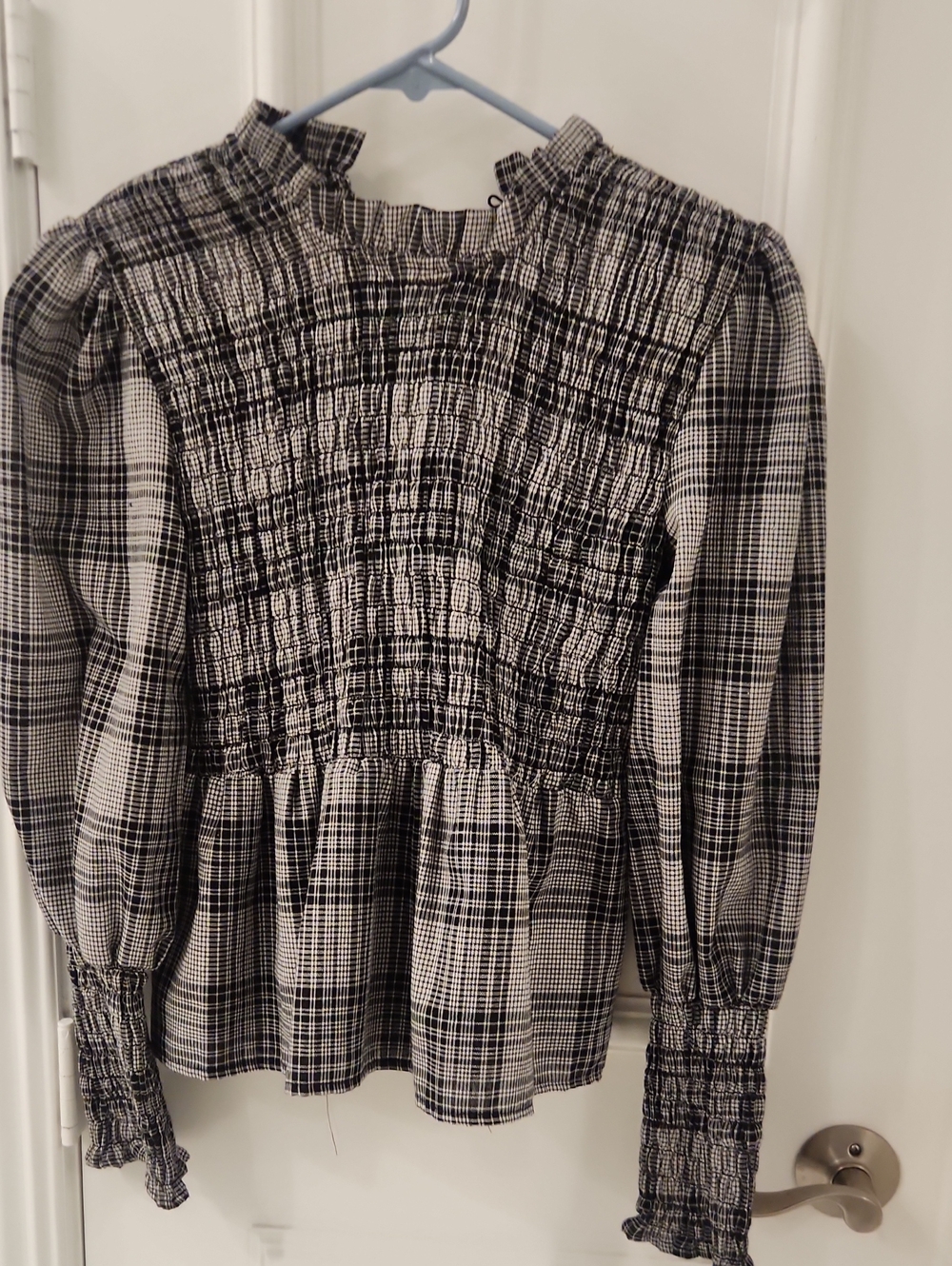 Black and White Plaid Smocked Long-Sleeve Top